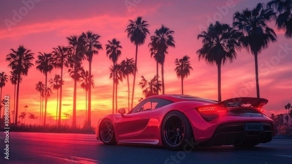 Fototapeta Red sports car at sunset with palm trees.
