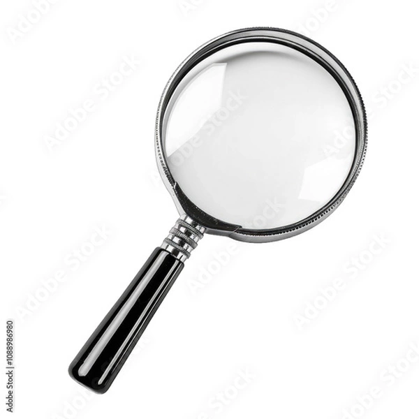 Fototapeta Magnifying glass with a metallic frame and black handle isolated on transparent background cutout png