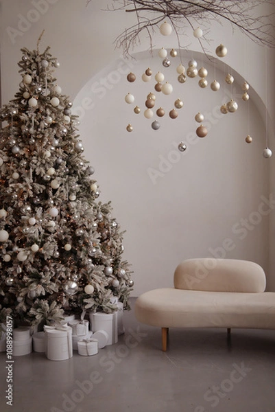 Fototapeta New Year interior. Beautiful big Christmas tree. Studio. Christmas balls. Close-up. Copyspace