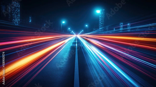 Fototapeta High speed light trails create vibrant neon streaks on dark road, showcasing motion and energy. scene captures essence of urban nightlife and dynamic movement