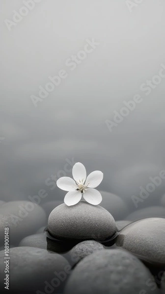 Fototapeta A white flower lies on a smooth pebble in a softly lit gray setting, evoking tranquility