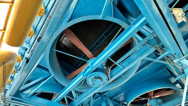 Obraz На фотографии современный вентилятор синего цвета с желтым цветом детали на нем  для охлаждения оборудование на открытом воздухе