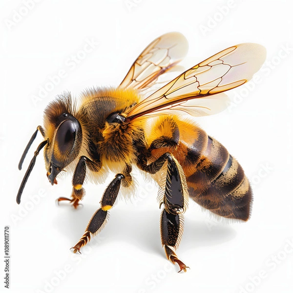 Fototapeta a stunning bee is flying, isolated on , macro, incredible pollinator with a white accent, png