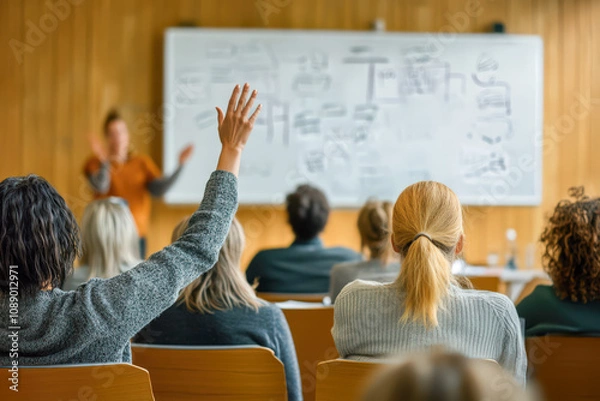 Fototapeta Rear view of diverse individuals raising hands during a business seminer or training session in a classroom, with a blurred presenter and whiteboard in focus.