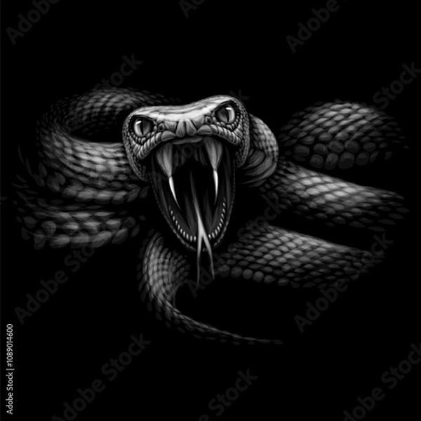 Fototapeta Monochrome portrait of a snake on a black background. 