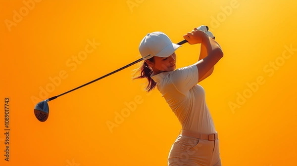 Obraz 女性のゴルフプレーヤーがドライバーをスイングしている画像