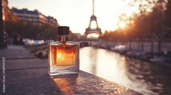 Fototapeta Perfume Bottle Against Eiffel Tower Sunset in Paris