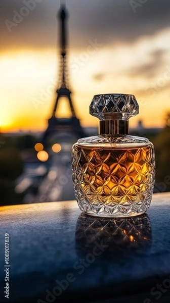 Fototapeta Luxury Perfume Bottle with Eiffel Tower in Sunset