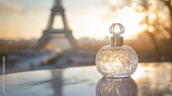 Fototapeta Elegant Perfume Bottle with Eiffel Tower Background