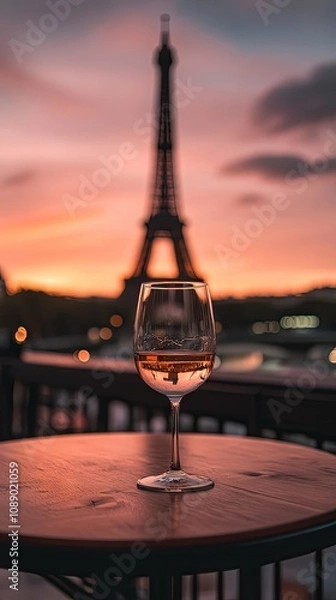 Fototapeta Romantic Sunset with Wine Glass and Eiffel Tower in Background