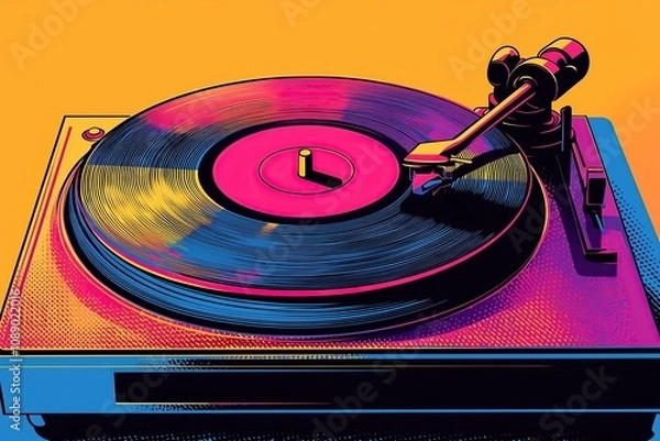 Fototapeta Vibrant pop art illustration of a record player with a vinyl record spinning.  Perfect for music, retro, and 80s themed projects.