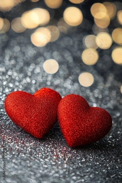 Fototapeta Two red hearts on a glittering background with bokeh lights, a romantic Valentine's Day background, a love concept. 