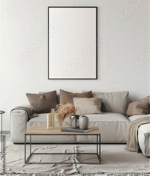 Fototapeta A cozy living room with a white couch, wooden coffee table, and a large empty frame on the wall