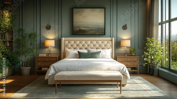 Fototapeta Here's a caption and keywords for your stock photo.. Luxurious bedroom with large bed, wooden nightstands, and large windows.