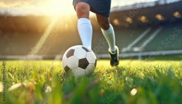 Fototapeta A soccer player about to kick a ball on a green field during sunset