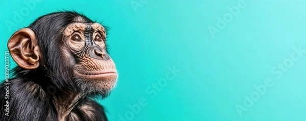 Obraz Young chimpanzee profile against vibrant turquoise background. Side view portrait showing expressive face and black fur. Contemporary styled wildlife photography in banner format. 8k with copy space