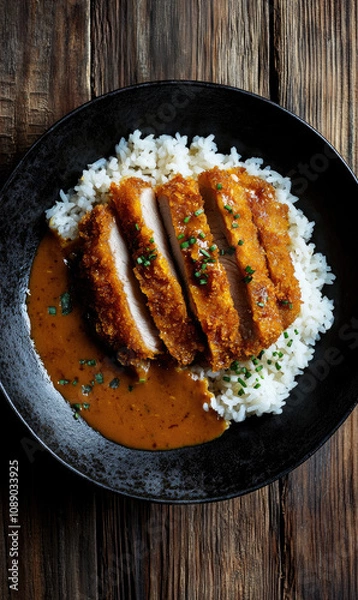 Fototapeta Katsu Curry Featuring Crispy Pork Cutlet on Rice with Rich Curry Sauce for a Flavorful Feast