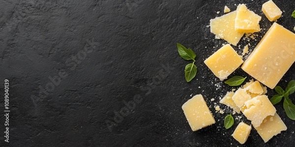 Obraz Delicious parmesan cheese pieces on a dark slate background, garnished with fresh basil leaves. Close up photo restaurant banner template