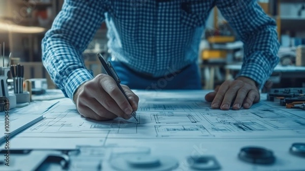 Obraz An aerospace engineer reviewing engine schematics of a commercial aircraft.