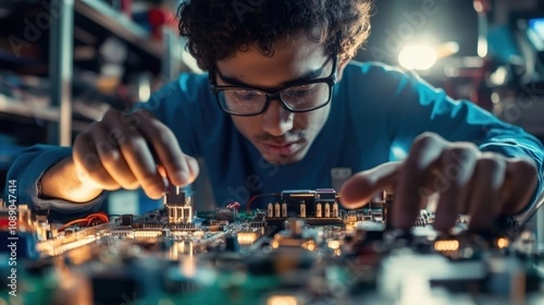 Obraz A young engineering intern assembling electronic components on a circuit board.
