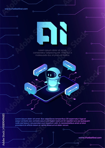 Fototapeta Artificial intelligence chat service business concept. Modern vector illustration of people using AI technology and talking to chatbot. Banner concept with neural network robot, AI servers technology.