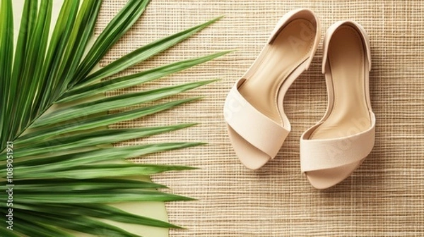 Fototapeta Elegant Nude Heeled Sandals Resting on Natural Jute Mat with Lush Green Leaf Accent Creating a Stylish Summer Vibe, Perfect for Fashion and Lifestyle Imagery
