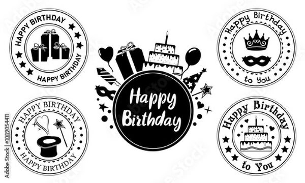 Fototapeta Black and white decorative elements for birthday cards. Round congratulatory stamps. Festive greeting frames. Vector illustration. 