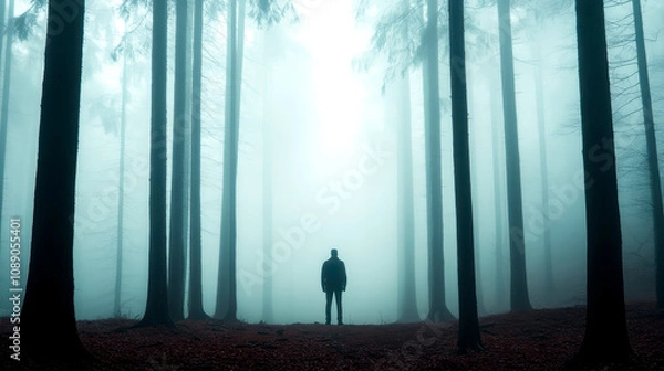 Fototapeta A lone figure stands in a misty forest, surrounded by tall trees, creating an ethereal and mysterious atmosphere.