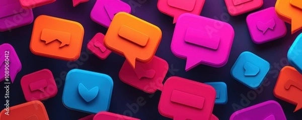Fototapeta A vibrant array of colorful chat bubbles in pink, purple, and orange, symbolizing digital communication and social interaction.