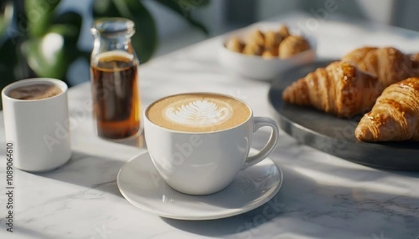 Fototapeta A cozy coffee scene with a latte, pastries, and a touch of greenery, perfect for morning indulgence.