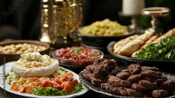 Fototapeta arabic food assortment, with closeup mosque background --no palm tree,,generative ai