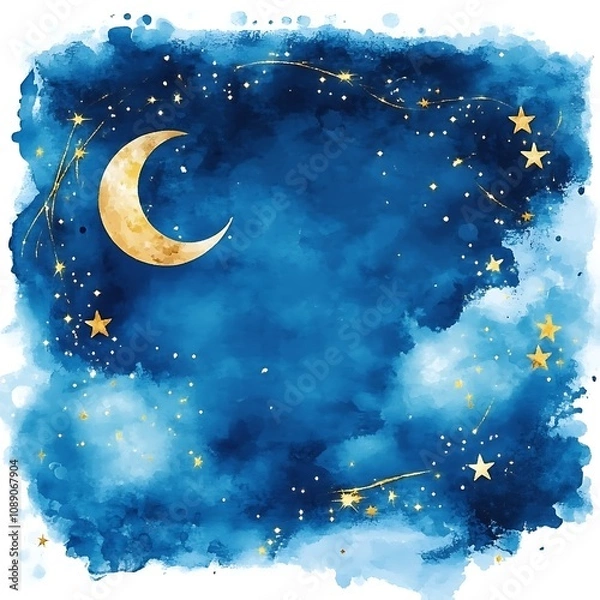 Obraz Watercolor painting of a crescent moon and stars on a blue background