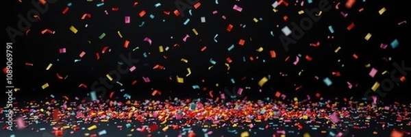 Fototapeta A scattering of colorful confetti pieces across a dark and sleek background as they flutter down in slow motion, festive atmosphere, shiny, background