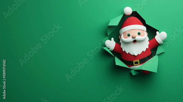 Fototapeta funny Santa Claus breaking out of a green paper wall with a hole, against a minimalistic solid background