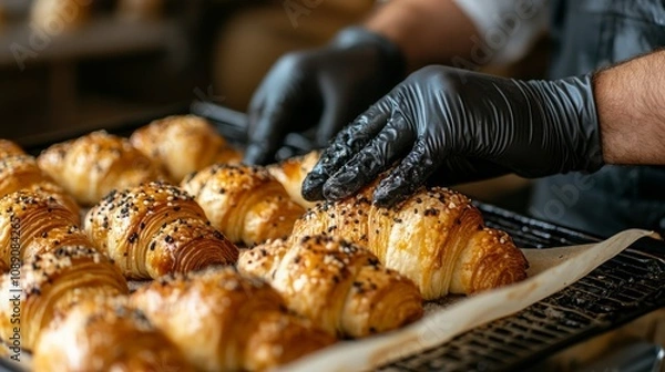 Obraz Close-up of a baker's gloved hands arranging freshly baked croissants on a baking sheet.