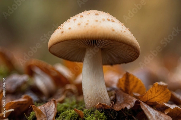 Fototapeta Macro Mushroom Close-Up Amid Autumn Leaves in Serene, Soft Focus Scene