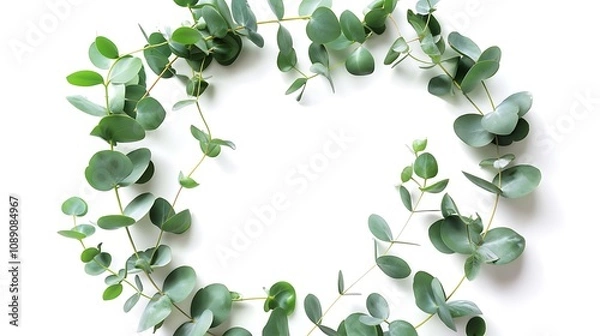Fototapeta A circular arrangement of green leaves on a white background, creating a fresh and natural aesthetic.