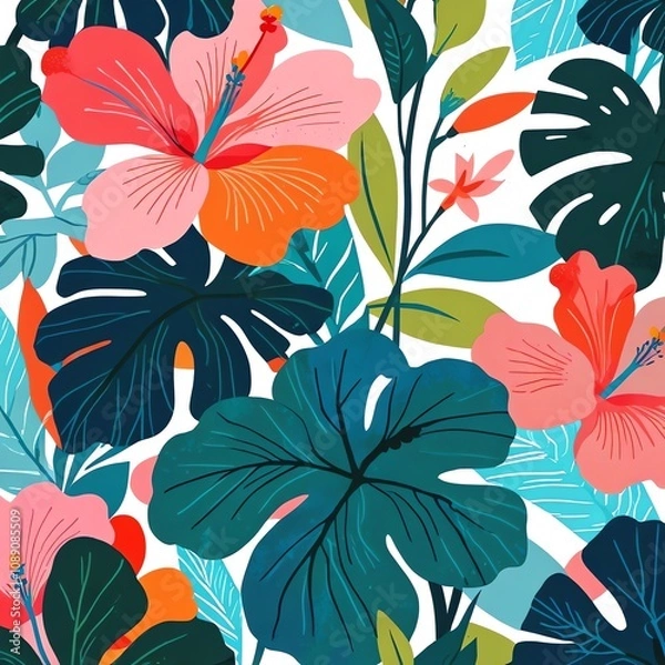Fototapeta Vibrant Tropical Floral Paradise: A Lush Tapestry of Hibiscus and Monstera Delights