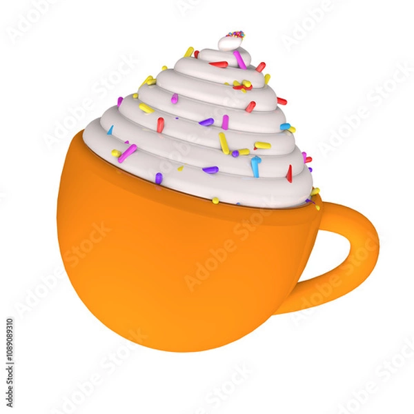 Obraz Orange mug with hot drink and cream sprinkled with confetti, on transparent background.