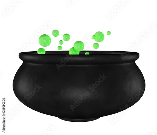 Fototapeta Black, old, textured pot for brewing potion with green bubbles on transparent background.