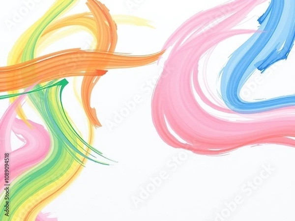 Fototapeta Swirling rainbow brushstrokes on a pristine white canvas, colorful brushes, unique art piece, creative brushwork