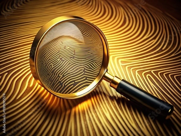Fototapeta Aerial View of a Magnifying Glass with Intricate Golden Fingerprint Pattern Inside, Symbolizing Investigation and Detail-Focused Analysis in a Unique Perspective