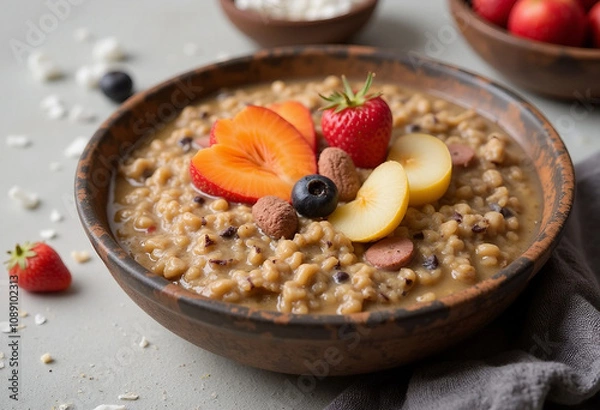 Obraz Close-up of creamy amaranth porridge served in a rustic bowl, garnished with fresh fruits and nuts. Healthy breakfast concept with vibrant fruits and warm textures in a cozy setting