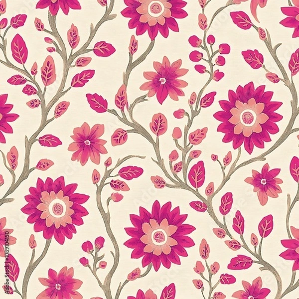 Fototapeta Pink Floral Pattern with Brown Branches