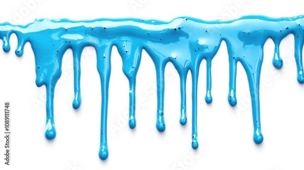 Obraz Vibrant blue paint drips cascading downwards against a clean white background showcasing texture and glossy finish.