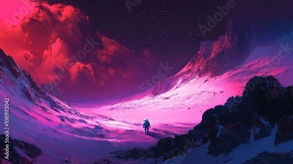Fototapeta Astronaut traverses a vibrant, red-tinged alien landscape under a starry sky, surrounded by towering mountains and dramatic clouds.