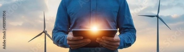 Fototapeta A person using a tablet with wind turbines in the background, symbolizing renewable energy and modern technology in harmony. Energy stock investment concept.