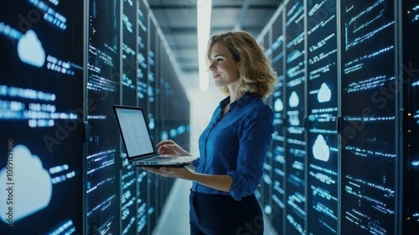 Fototapeta Data center operations tech professional managing servers corporate facility digital infrastructure indoor environment focus on efficiency