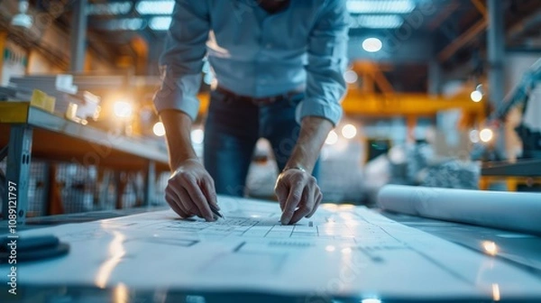 Fototapeta Engineer overseeing blueprint analysis industrial warehouse creative process urban environment close-up view design innovation