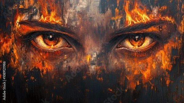 Fototapeta Fierce eyes ablaze with intensity reflect the turmoil of war, as a hidden face embodies the search for refuge amidst chaos and devastation.